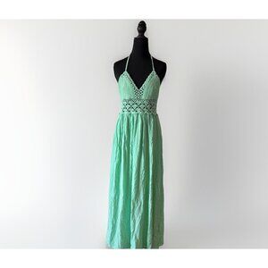 Lil Better Maxi Boho Dress L Mint Halter Crochet Hippie Coastal Resort Vacation